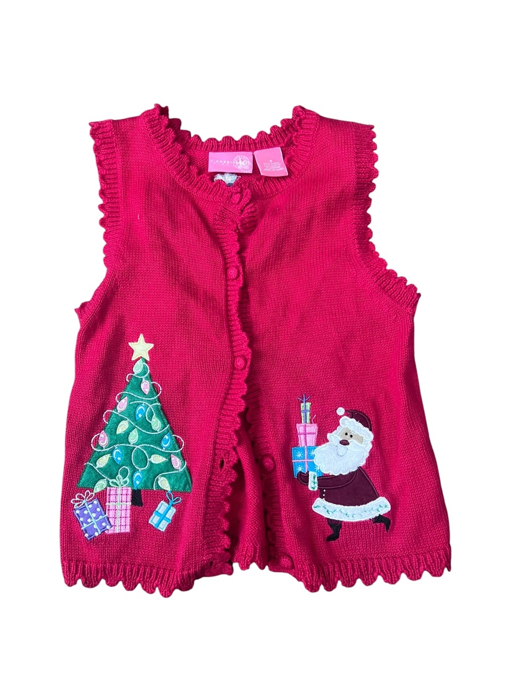 J. Khaki Hot Pink Christmas Knit Vest with Tree & Santa Appliqué